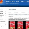 Bộ Văn Hóa-Thể thao và Du lịch chấn chỉnh quảng cáo của Coca-Cola (Ảnh: Màn hình website của Bộ VH-TT&DL)