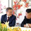 Nhà lãnh đạo Triều Tiên Kim Jong-un (phải) và Tổng thống Hàn Quốc Moon Jae-in (trái) trong cuộc gặp tại Nhà khách Lake Samji , gần Núi Paekdu,Triều Tiên, ngày 20/9. (Ảnh: YONHAP/TTXVN)