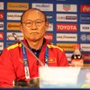 Huấn luyện viên Park Hang-seo tại buổi họp báo trước trận đấu gặp Nhật Bản. (Nguồn: Hoàng Linh/TTXVN)
