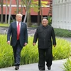 Chủ tịch Triều Tiên Kim Jong-un (phải) và Tổng thống Mỹ Donald Trump tại Hội nghị thượng đỉnh Mỹ-Triều lần thứ nhất ở Singapore ngày 12/6/2018. (Nguồn: AFP/ TTXVN)