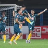 Hoàng Anh Gia Lai ăn mừng chiến thắng đầu tiên tại V-League 2023. (Ảnh: PV/Vietnam+)