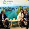 Chủ tịch Hội đồng quản trị VietinBank Trần Minh Bình và ông Koichiro Oshima, Giám đốc điều hành, Giám đốc Đơn vị Kinh doanh Giải pháp Tài chính, MUFG (trái) thảo luận về các cơ hội hợp tác trong lĩnh vực tài chính bền vững. (Ảnh: PV/Vietnam+)