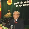 Tổng Bí thư, Chủ tịch Quốc hội Nguyễn Phú Trọng trình bày Báo cáo tổng kết hoạt động của Quốc hội khóa XII. (Ảnh: Trí Dũng/TTXVN).