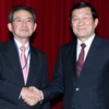 Chủ tịch nước Trương Tấn Sang tiếp Chủ tịch Liên đoàn Kinh tế vùng Kansai, Nhật Bản. (Ảnh: Nguyễn Khang/TTXVN)