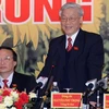 Đồng chí Nguyễn Phú Trọng, Tổng Bí thư Ban Chấp hành Trung ương khóa XI Đảng Cộng sản Việt Nam phát biểu tại buổi họp báo. (Ảnh: TTXVN)
