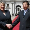 Tổng thống Chile, Michelle Bachelet (trái) và Chủ tịch Nguyễn Minh Triết tại lễ đón ở dinh Tổng thống La Moneda. (Ảnh: Nguyễn Khang/TTXVN)