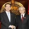 Chủ tịch Quốc hội Nguyễn Phú Trọng đón tiếp Chủ tịch Quốc hội Hàn Quốc Kim Hyong O. (Ảnh: Trí Dũng/TTXVN) 