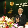Chủ tịch Quốc hội Nguyễn Phú Trọng đọc lời bế mạc kỳ họp. (Ảnh: Trí Dũng/TTXVN) 