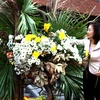 Nghệ nhân Eikou Sumara giới thiệu nghệ thuật cắm hoa Ikebana. (Ảnh: Phương Hoa/TTXVN) 