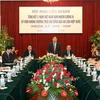 Phó Thủ tướng, Bộ trưởng Ngoại giao Phạm Gia Khiêm chủ trì Hội nghị tổng kết hai năm Việt Nam là Ủy viên không Thường trực Hội đồng bảo an Liên hợp quốc. (Ảnh: Nhan Sáng/TTXVN) 