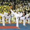 Biểu diễn khai mạc giải vô địch taekwondo trẻ toàn quốc. (Ảnh: Ly Kha/TTXVN)