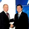 Tổng thống Nga Vladimir Putin đón Chủ tịch nước Trương Tấn Sang đến tham dự phiên họp kín APEC lần thứ 20. (Ảnh: Nguyễn Khang/TTXVN)