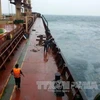 Tàu Bright Royal (Panama) đã được neo đậu an toàn sau thời gian bị trôi dạt trên biển. (Ảnh: Đinh Thị Hương/TTXVN)