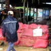 Người dân tại Phú Yên dùng bao cát gia cố, chống nhà cửa để phòng bão lũ. (Ảnh: Ly Kha/TTXVN) 