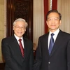 Tổng Bí thư Nguyễn Phú Trọng hội kiến với Thủ tướng Quốc vụ viện nước CHND Trung Hoa Ôn Gia Bảo. (Ảnh: Trí Dũng/TTXVN)