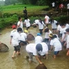 Các em học sinh tập bắt cá. (Nguồn: Dangcongsan.vn)