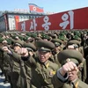 Triều Tiên đã tổ chức cuộc míttinh lớn bày tỏ sự ủng hộ tuyên bố của Nhà lãnh đạo Kim Jong-Un ra lệnh quân đội nước này chuẩn bị sẵn sàng tiến hành các cuộc tấn công bằng tên lửa. (Nguồn: Kyodo/TTXVN)