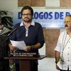 Tư lệnh Iván Márquez, trưởng đoàn đàm phán của FARC với Chính phủ Colombia tại Cuba, phát biểu với báo giới. (Nguồn: EFE)