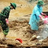 Lực lượng cứu hộ đang tiến hành khử trùng trước khi đưa thi thể nạn nhân ra khỏi vị trí bị vùi lấp. (Nguồn: dantri.com.vn) 