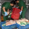 Tịch thu gà đông lạnh không đảm bảo an toàn vệ sinh thực phẩm đưa đi tiêu hủy. (Ảnh: Mạnh Linh/TTXVN)