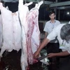 Nhân viên thú ý kiểm tra sản phẩm thịt gia súc tại một cơ sở giết mổ tập trung, trước khi đưa ra lưu thông. (Ảnh: Đình Huệ/TTXVN).