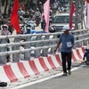 Cầu vượt Đại Cồ Việt-Trần Khát Chân đang được hoàn thiện các hạng mục cuối để thông xe vào 30/8. (Ảnh: Việt Hùng/Vietnam+)