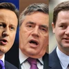 Lãnh tụ Đảng Bảo thủ David Cameron (trái), lãnh tụ Công Đảng, Thủ tướng Gordon Brown (giữa) và lãnh tụ Đảng Dân chủ Tự Do Nick Clegg (phải). (Nguồn: AFP/TTXVN)