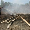 Nhân viên cứu hỏa phun nước dập tắt cháy rừng do nắng nóng gây ra tại khu vực Shatura. (Nguồn: AFP/TTXVN) 