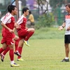 Các cầu thủ U23 Việt Nam chuẩn bị cho trận bán kết. (Ảnh: Quốc Khánh/TTXVN)