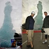 Tác phẩm điêu khắc trên băng (ảnh trái) và hai nhà điêu khắc băng Kevin Roscoe và Peter Slavin. (Ảnh: Getty Images)