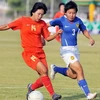 Kim Chi (14) mở tỷ số cho tuyển nữ Việt Nam trước Myanmar. (Ảnh: Quốc Khánh/TTXVN)