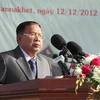 Ủy viên Bộ Chính trị, Thường trực Ban Bí thư TƯ Đảng Nhân dân Cách mạng Lào, Phó Chủ tịch nước Lào Bounnhang Vorachith phát biểu tại Lễ míttinh. (Ảnh: An Đăng/TTXVN)