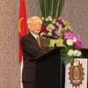 Tổng Bí thư Nguyễn Phú Trọng phát biểu tại buổi làm việc với một số lãnh đạo các doanh nghiệp hàng đầu Thái Lan. (Ảnh: Trí Dũng/TTXVN)