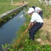 Thanh niên ra quân xử lý rác thải gây ô nhiễm nguồn nước. (Ảnh: Hoàng Lâm/TTXVN)