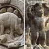 Bức điêu khắc tượng Garuda (bên phải) và thằn lằn gai sống tại khu đền đài Angkor, Campuchia. (Ảnh: Internet)