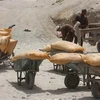 Những bao phân bón hóa học được chuyên chở ở biên giới Pakistan, để đưa vào nước láng giềng Afghanistan. (Nguồn: AP)