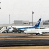 Máy bay Boeing 787 Dreamliner (trái) của hãng ANA tại cửa sân bay Takamatsu, quận Kagawa, miền tây Nhật Bản ngày 17/1. (Nguồn: AFP/TTXVN)