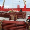 Đóng kiện sản phẩm tại cảng chuyên dụng của Doosan Vina. (Ảnh: Nguyễn Đăng Lâm/TTXVN)