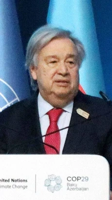 Tổng thư ký LHQ Antonio Guterres phát biểu tại Hội nghị lần thứ 29 Các bên tham gia Công ước khung của Liên hợp quốc về Biến đổi khí hậu (COP29) ở Baku (Azerbaijan). (Ảnh: Kyodo/TTXVN)