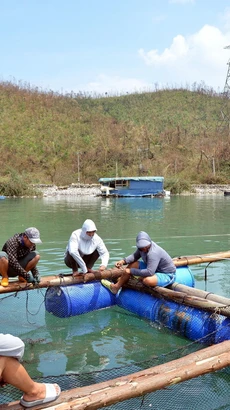 Ngư dân đan lại lưới, sửa bè để chờ có con giống thả lại. (Ảnh: Thanh Vân/TTXVN)