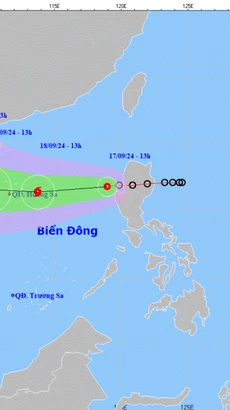 Dự kiến hướng đi của áp thấp nhiệt đới vào Biển Đông hồi 14h00 ngày 17/9. (Nguồn: Trung tâm Dự báo khí tượng thủy văn Quốc gia)