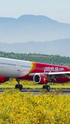 Máy bay của Hãng hàng không Vietjet hạ cánh tại Sân bay Liên Khương (tỉnh Lâm Đồng). (Ảnh: PV/Vietnam+)