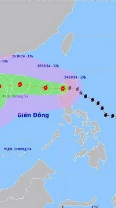 Hướng di chuyển của bão Trami. (Ảnh: TTXVN phát)