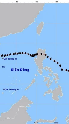 Hướng di chuyển của áp thấp nhiệt đới, cập nhật lúc 16 giờ, ngày 27/10. (Ảnh: TTXVN phát)