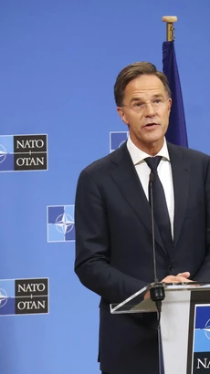 Tổng thư ký NATO Mark Rutte tại một cuộc họp báo ở Brussels, Bỉ. (Ảnh: Kyodo/TTXVN)