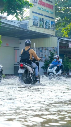 Nước ngập trên đường Cách Mạng Tháng Tám, quận Bình Thủy, thành phố Cần Thơ trong đợt triều cường Rằm tháng Tám Âm lịch 2024. (Ảnh: Thanh Liêm/TTXVN)