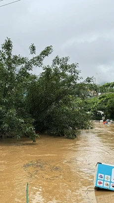 Mưa lớn kéo dài đã khiến nước sông Lô ở thành phố Hà Giang dâng cao, gây ngập lụt các hộ sống ven sông, tiềm ẩn nguy cơ đuối nước. (Ảnh: Minh Tâm/TTXVN)