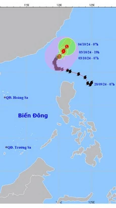 Đến 7 giờ ngày 4/10, bão di chuyển theo hướng Đông Bắc với tốc độ khoảng 5km/h và suy yếu dần thành một vùng áp thấp trên khu vực đảo Đài Loan (Trung Quốc), gió dưới cấp 6. (Nguồn: Trung tâm Dự báo Khí tượng Thủy văn Quốc gia)