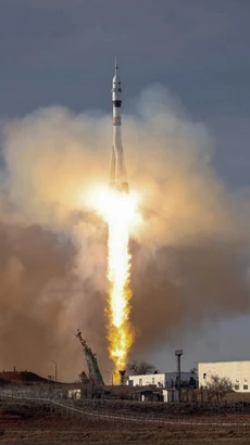 Tàu vũ trụ Soyuz của Nga được phóng từ sân bay vũ trụ Baikonur ở Kazakhstan ngày 23/3/2024. (Ảnh: AFP/TTXVN)