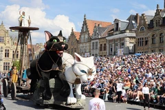 Điểm nhấn của lễ hội này là cuộc diễu hành của những con mèo khổng lồ được làm từ giấy bồi, mô phỏng lại những sự kiện lịch sử và truyền thuyết nổi tiếng của Ypres. (Ảnh: Hương Giang/TTXVN)